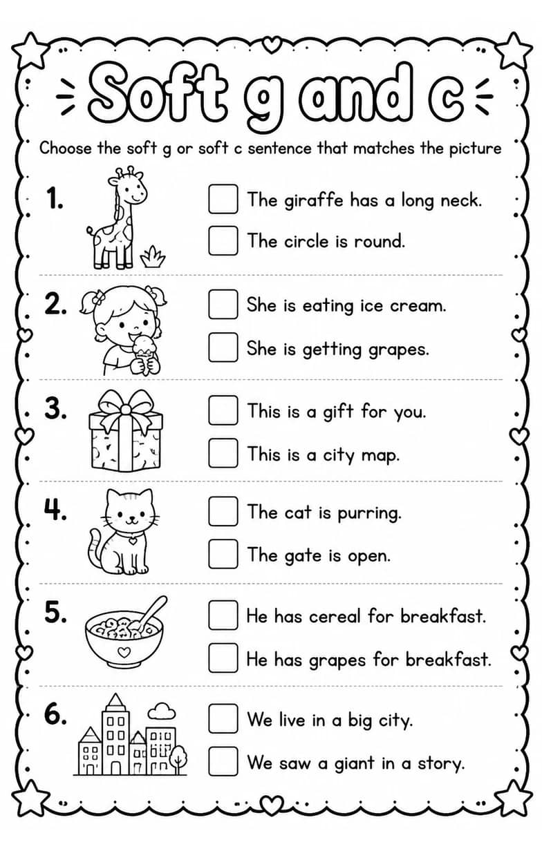 Choose the soft g or soft c sentence that matches the picture — free printable Reading foundations English worksheet