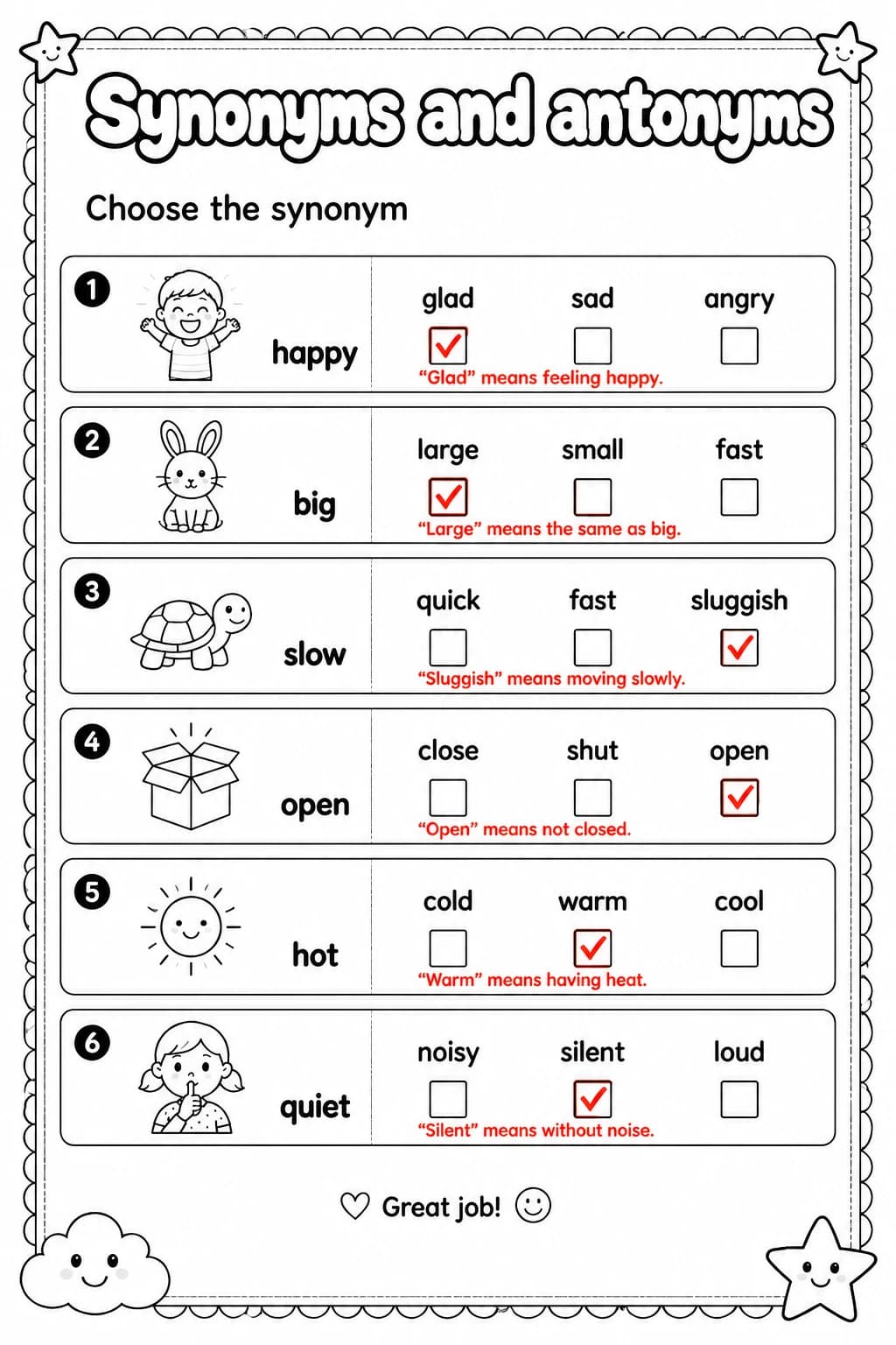 Answer key for Choose the synonym — free printable English & Reading worksheet