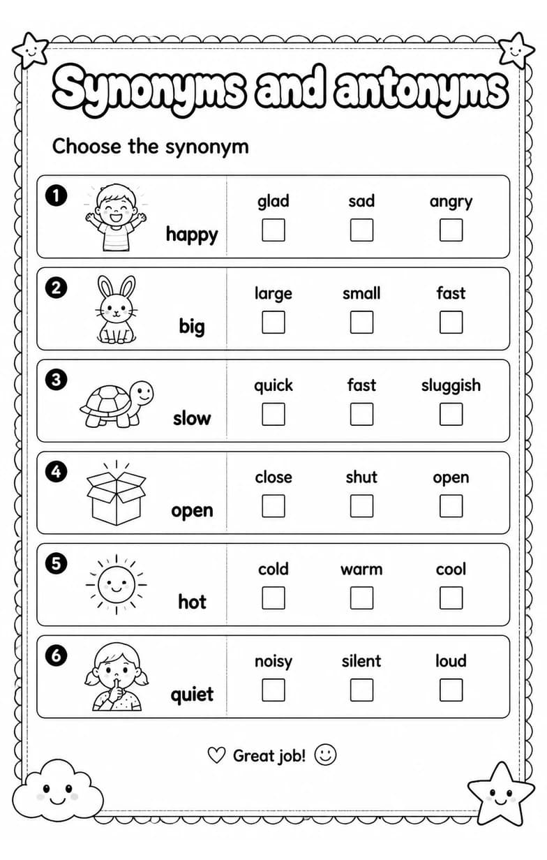 Choose the synonym — free printable Grade 2 English & Reading worksheet