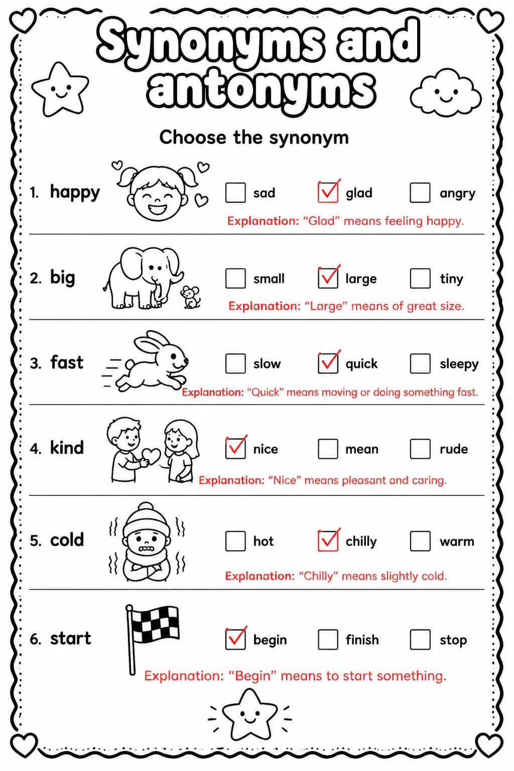 Answer key for Choose the synonym — free printable English & Reading worksheet