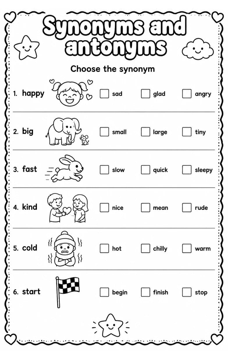 Choose the synonym — free printable Grade 3 English & Reading worksheet