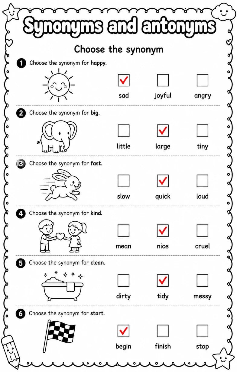 Answer key for Choose the synonym — free printable English & Reading worksheet