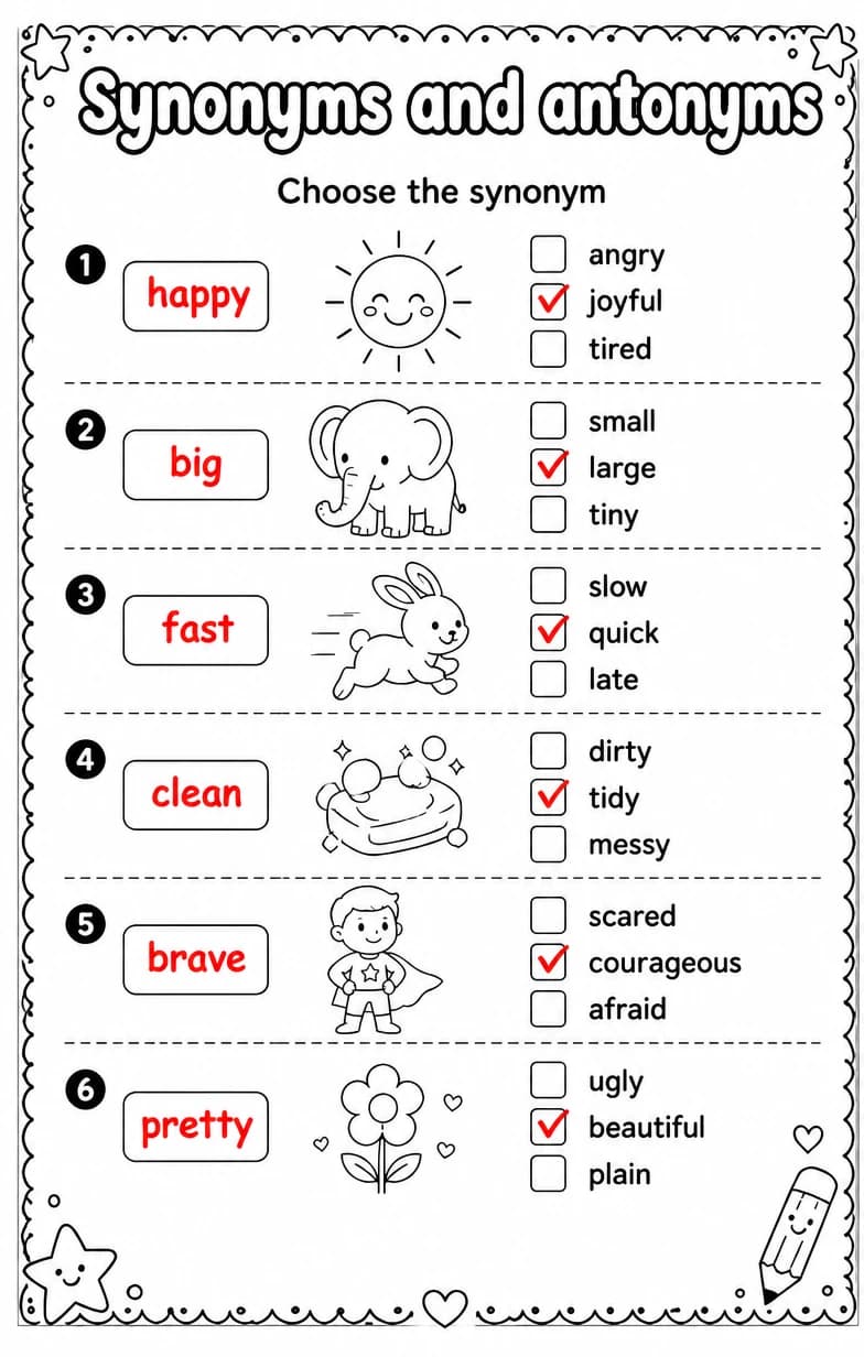 Answer key for Choose the synonym — free printable English & Reading worksheet