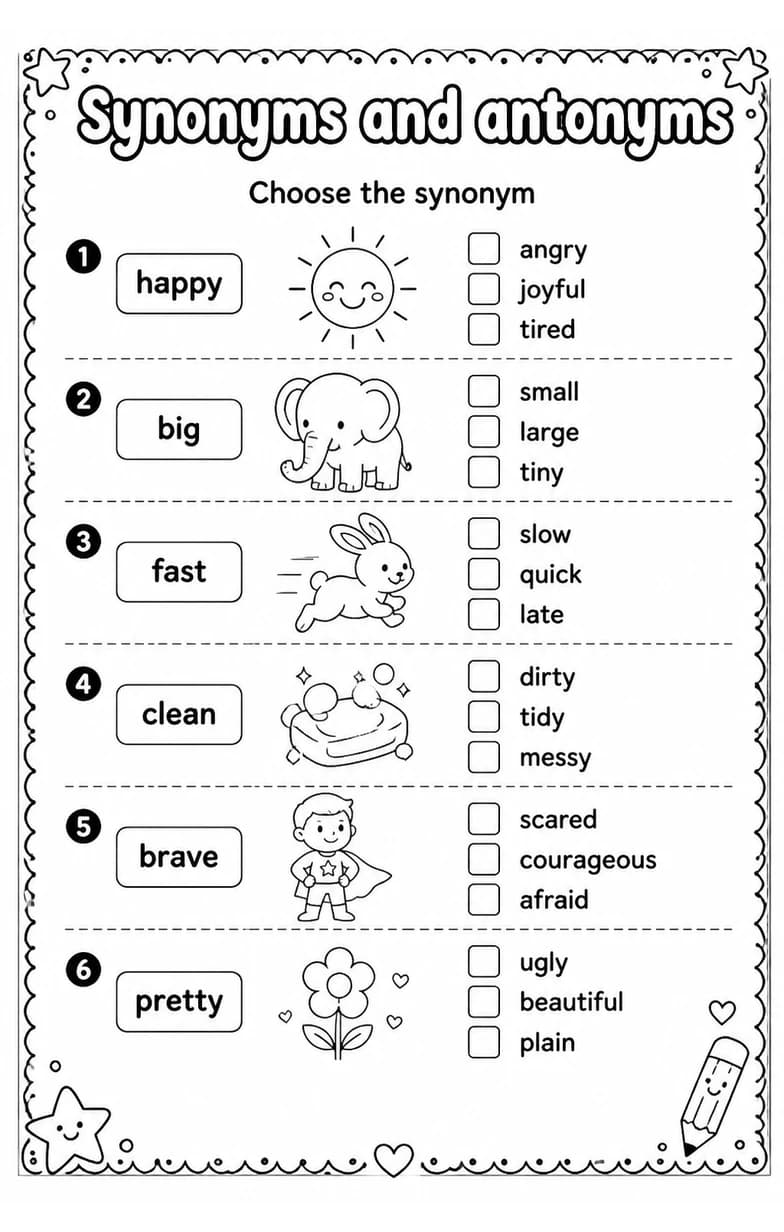 Choose the synonym — free printable Grade 5 English & Reading worksheet