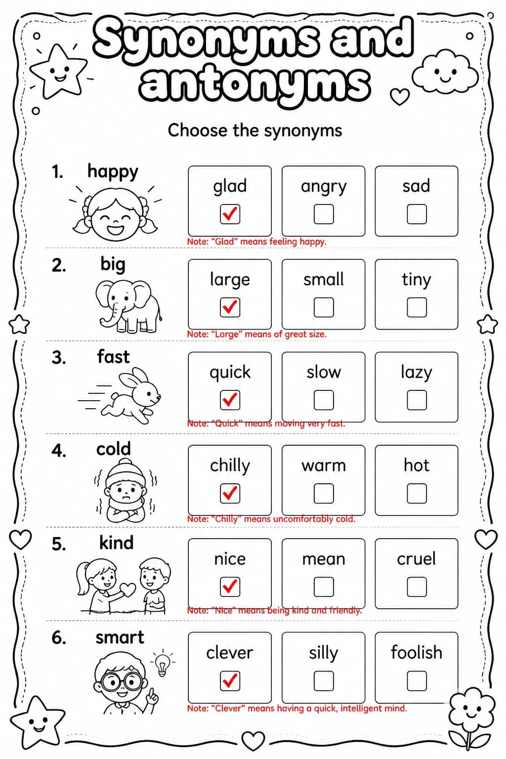 Answer key for Choose the synonyms — free printable English & Reading worksheet