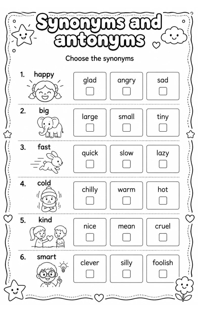 Choose the synonyms — free printable Grade 1 English & Reading worksheet