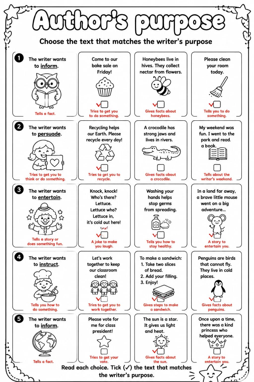Answer key for Choose the text that matches the writer's purpose — free printable English & Reading worksheet