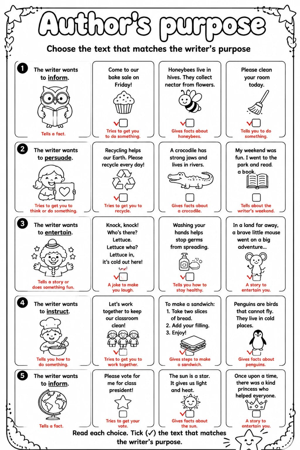 Answer key for Choose the text that matches the writer's purpose — free printable English & Reading worksheet