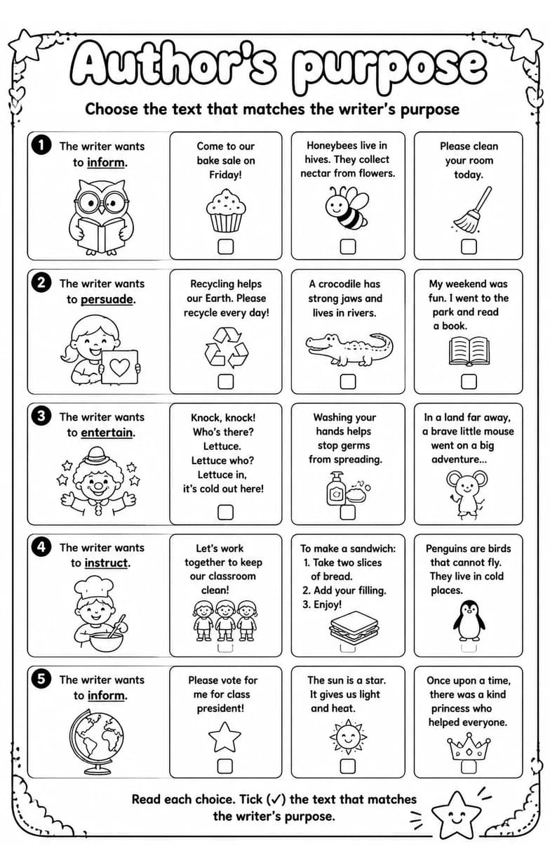 Choose the text that matches the writer's purpose — free printable Grade 2 English & Reading worksheet