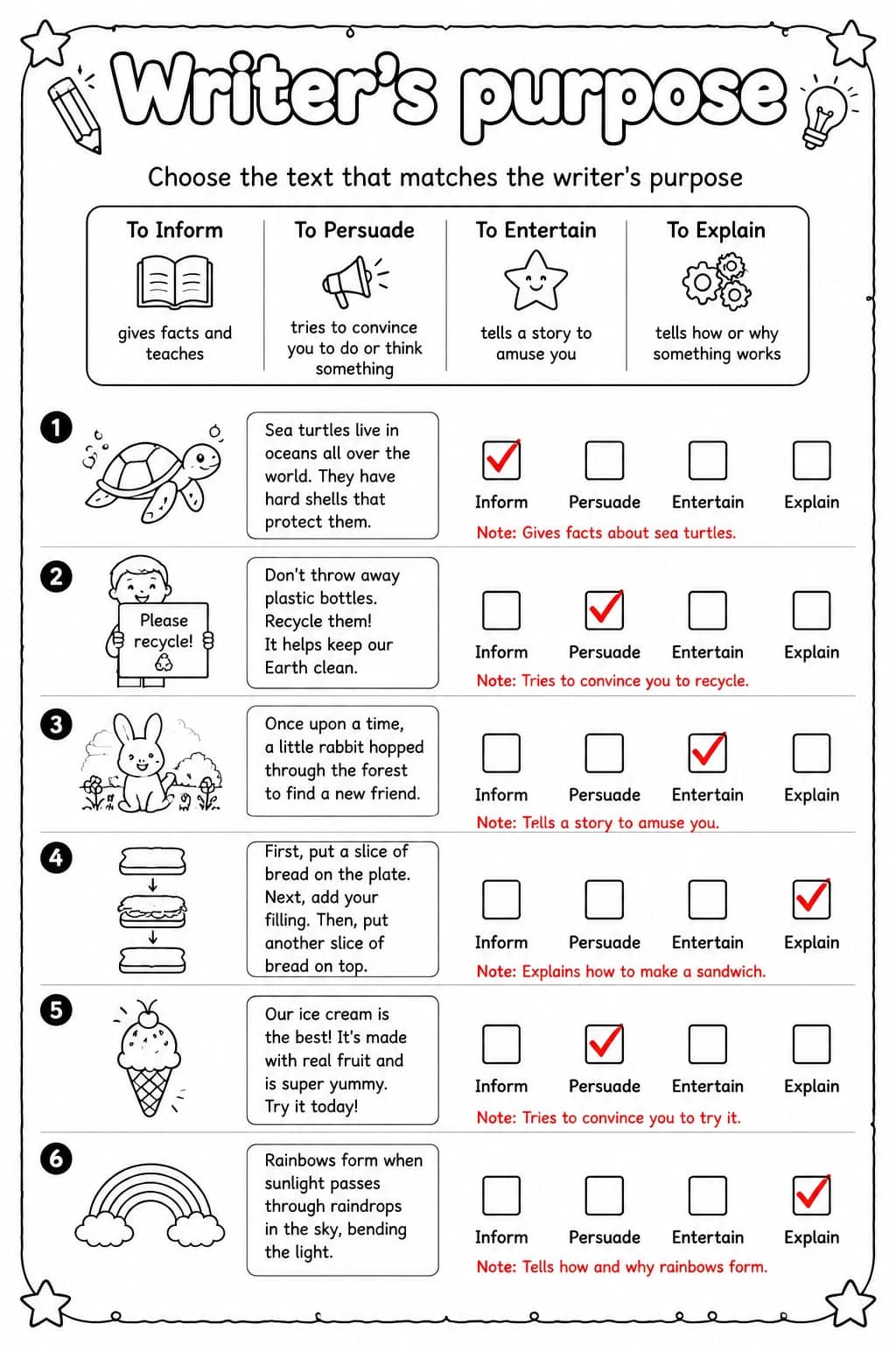 Answer key for Choose the text that matches the writer's purpose — free printable English & Reading worksheet