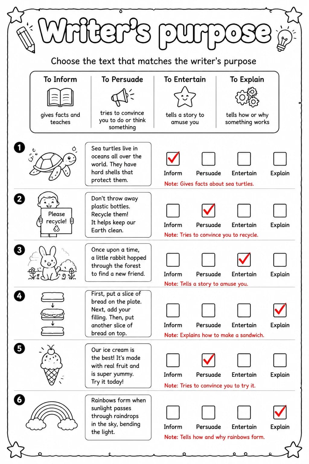Answer key for Choose the text that matches the writer's purpose — free printable English & Reading worksheet