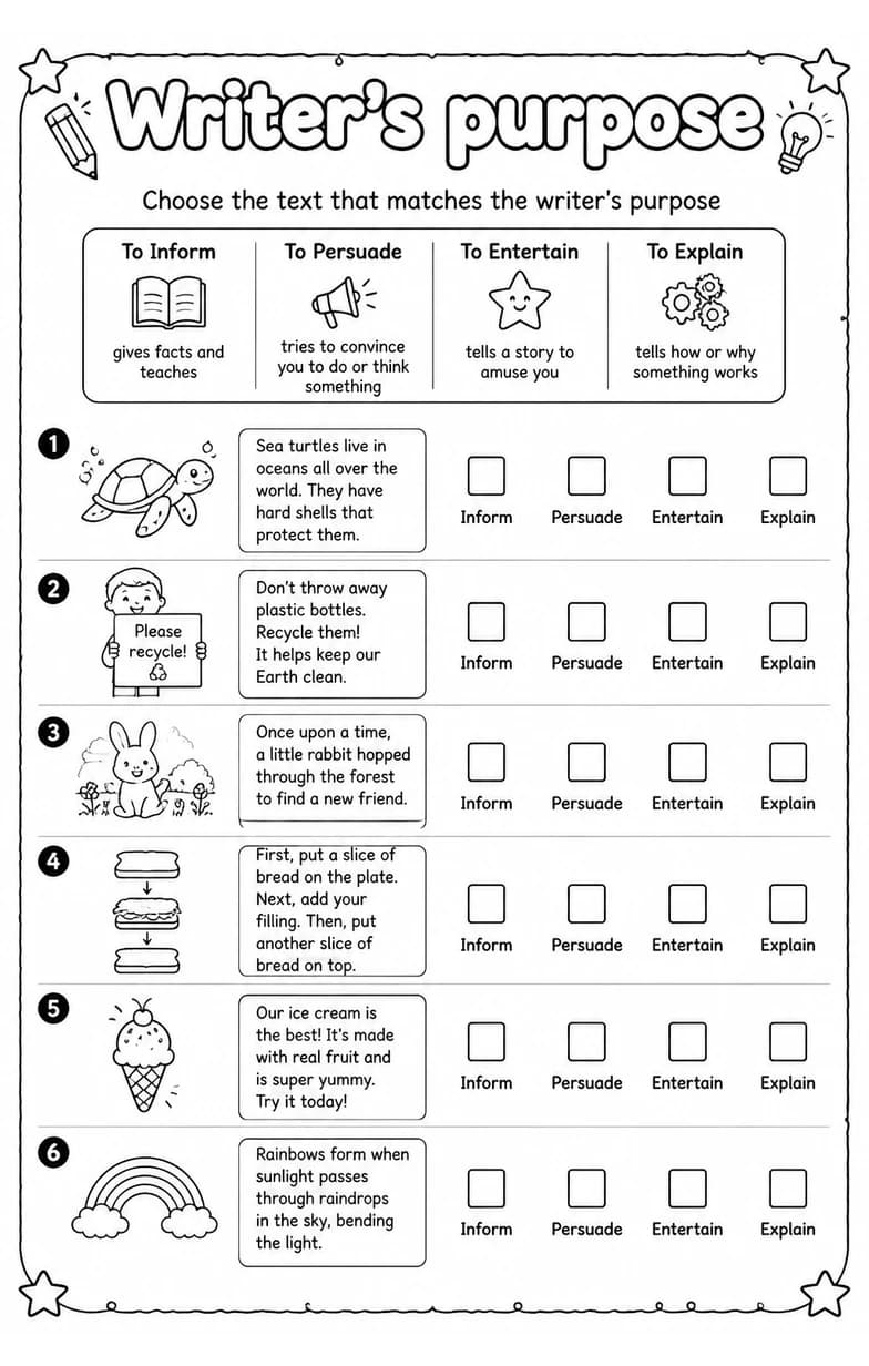 Choose the text that matches the writer's purpose — free printable Grade 3 English & Reading worksheet