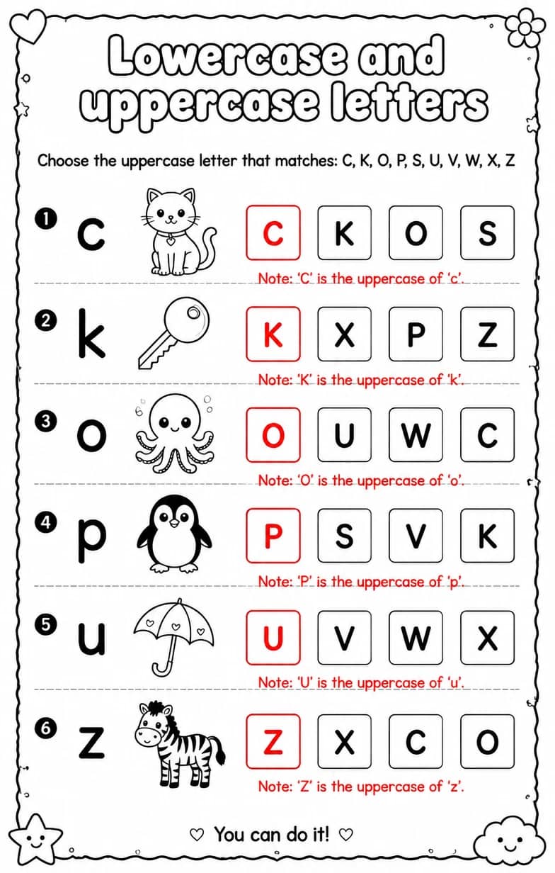 Answer key for Choose the uppercase letter that matches: C, K, O, P, S, U, V, W, X, Z — free printable English & Reading worksheet
