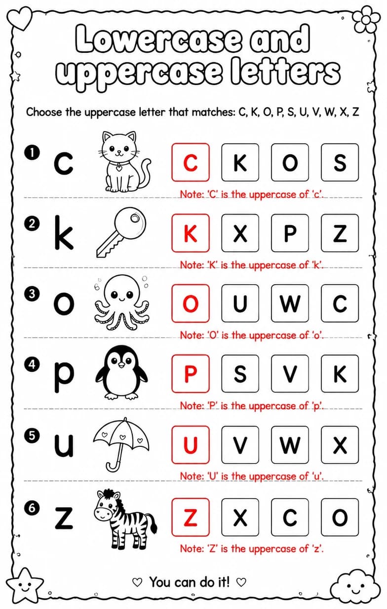 Answer key for Choose the uppercase letter that matches: C, K, O, P, S, U, V, W, X, Z — free printable English & Reading worksheet