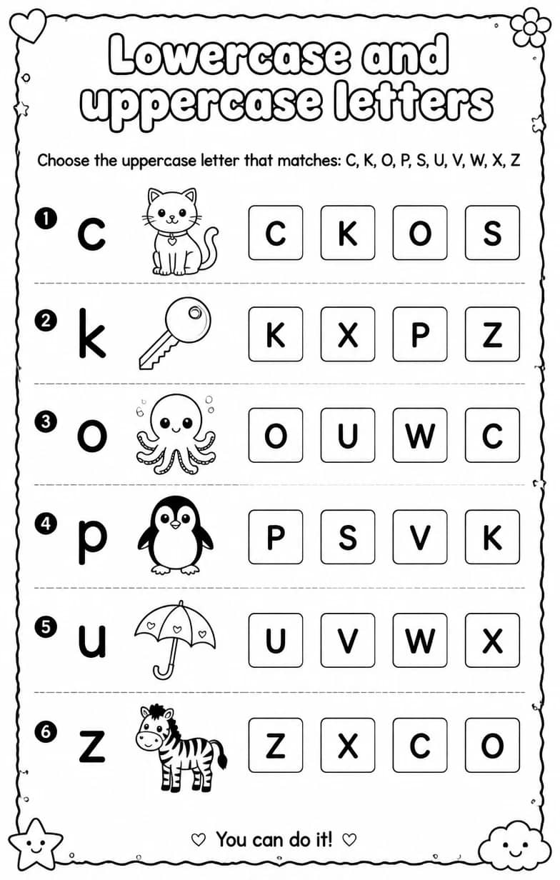 Choose the uppercase letter that matches: C, K, O, P, S, U, V, W, X, Z — free printable Reading foundations English worksheet