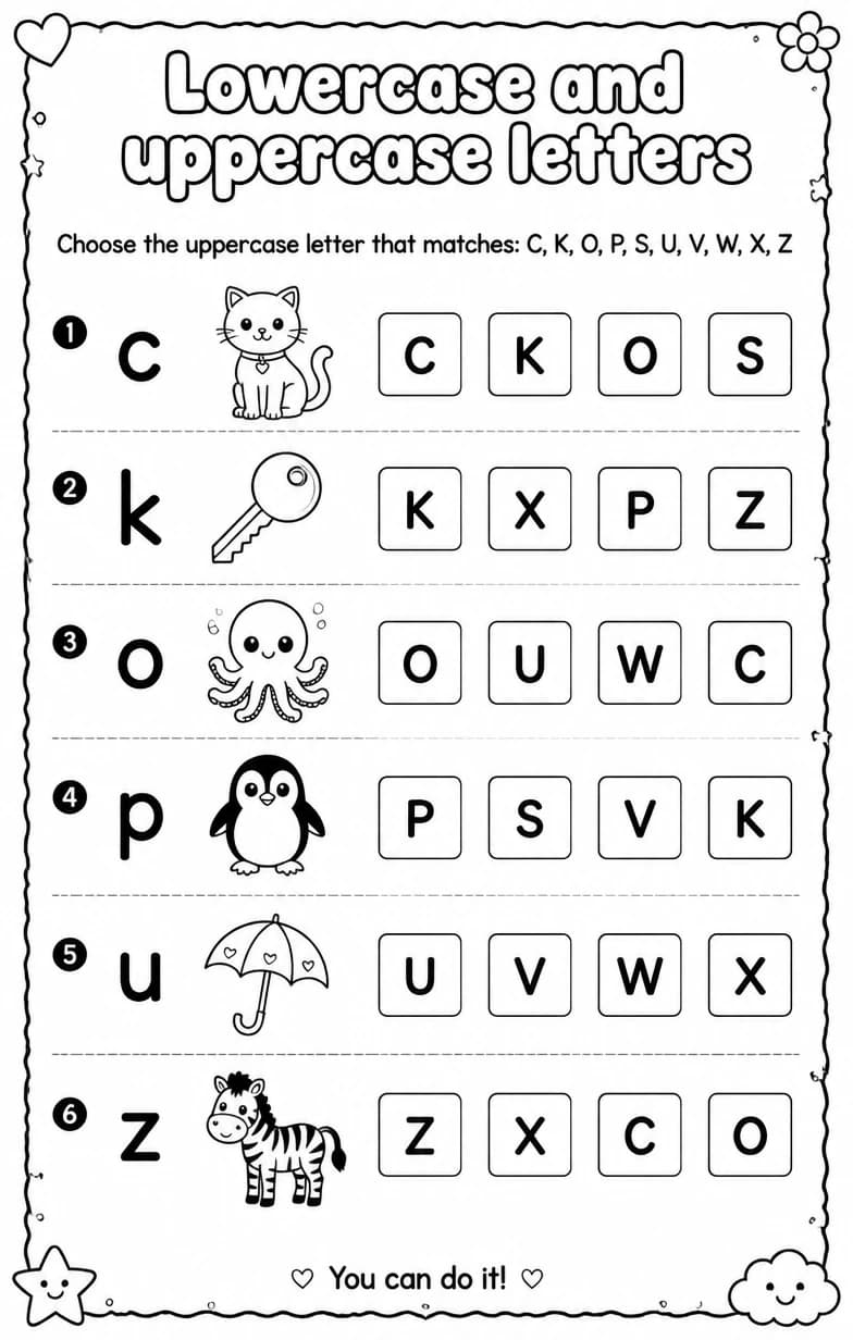 Choose the uppercase letter that matches: C, K, O, P, S, U, V, W, X, Z — free printable Reading foundations English worksheet