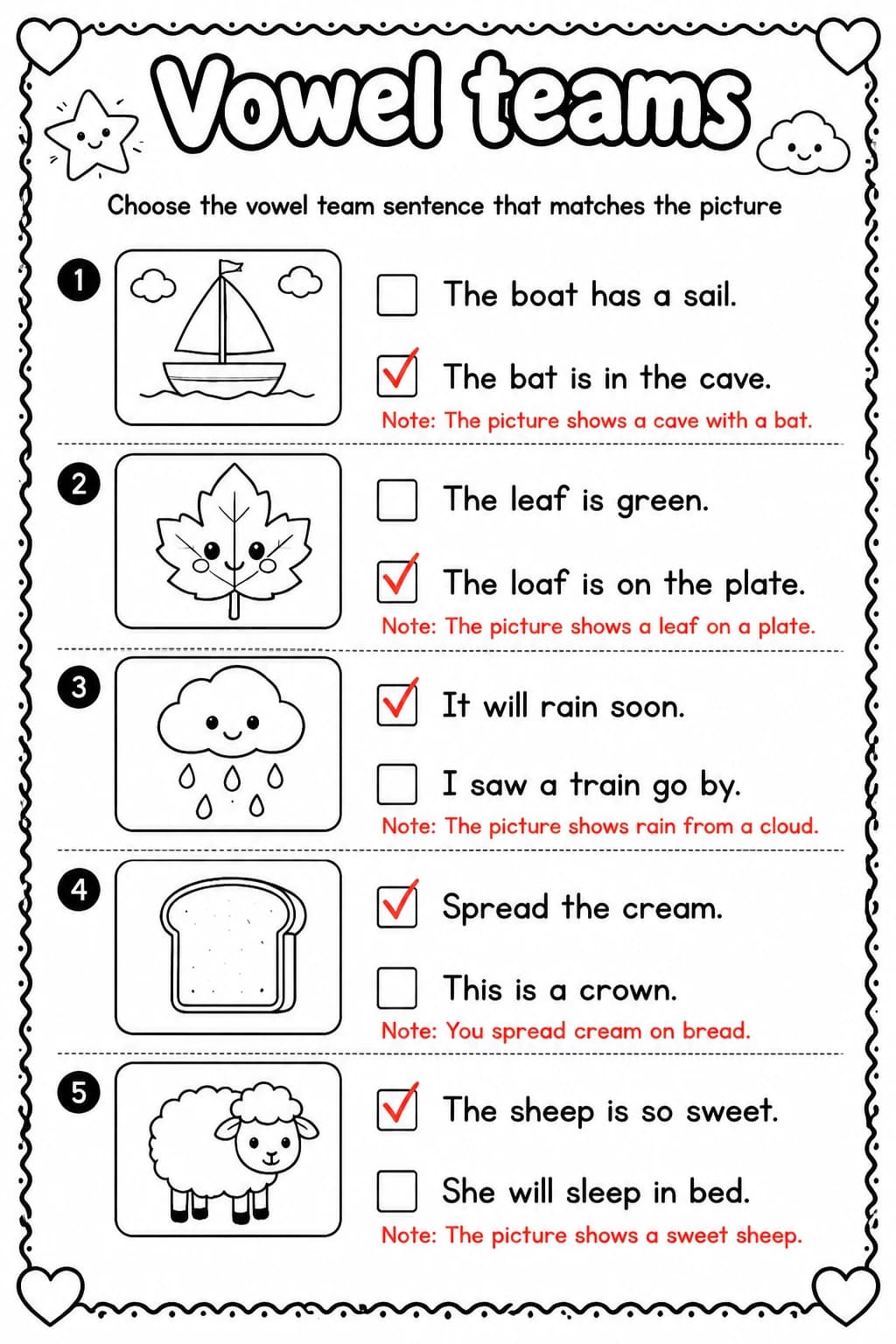 Answer key for Choose the vowel team sentence that matches the picture — free printable English & Reading worksheet