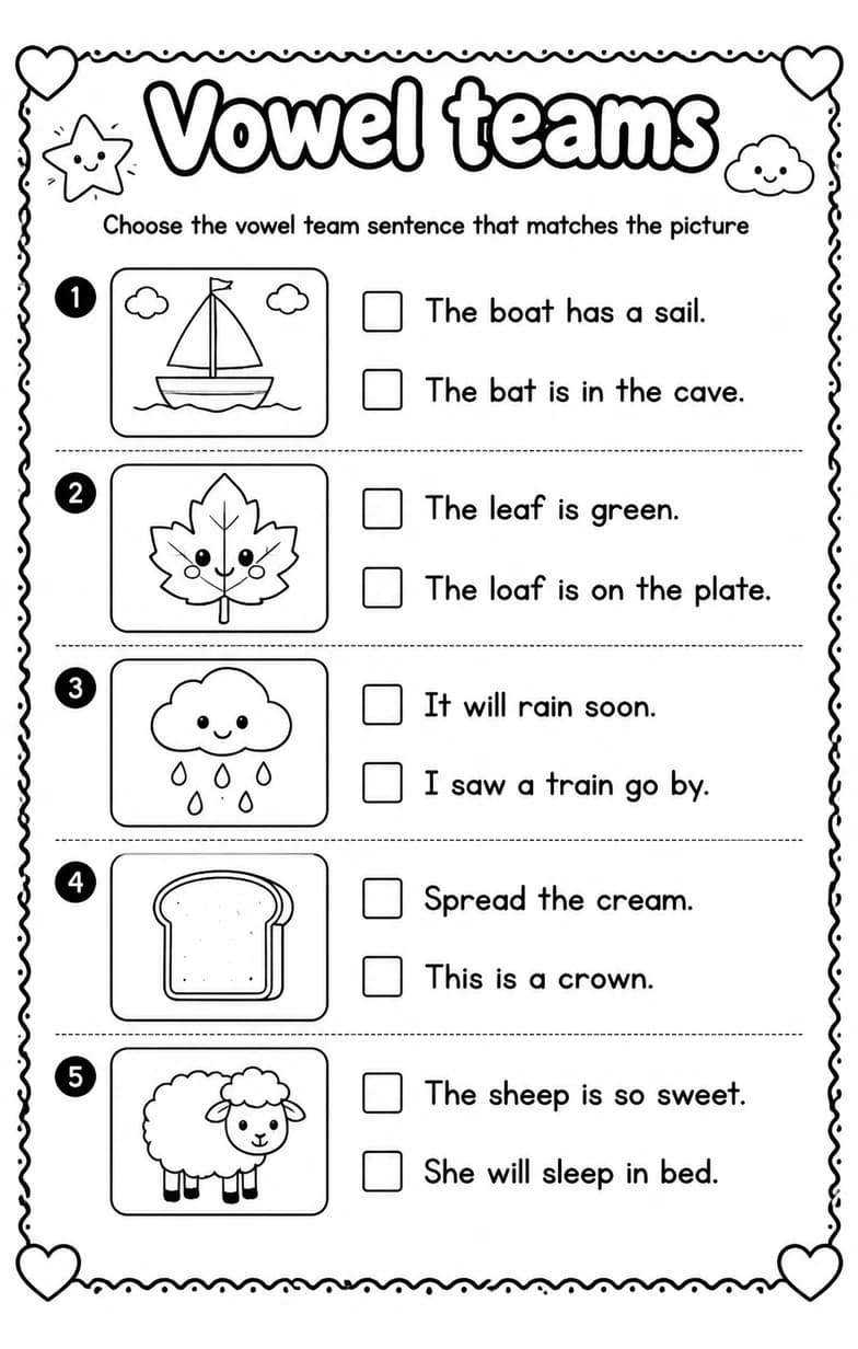 Choose the vowel team sentence that matches the picture — free printable Reading foundations English worksheet