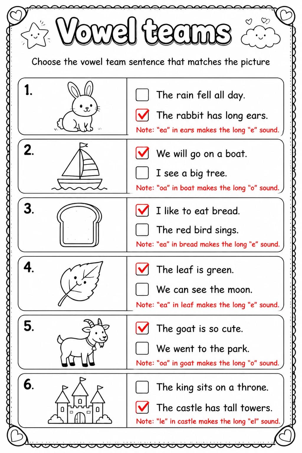 Answer key for Choose the vowel team sentence that matches the picture — free printable English & Reading worksheet
