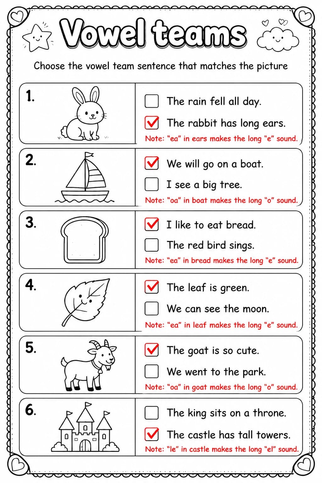 Answer key for Choose the vowel team sentence that matches the picture — free printable English & Reading worksheet