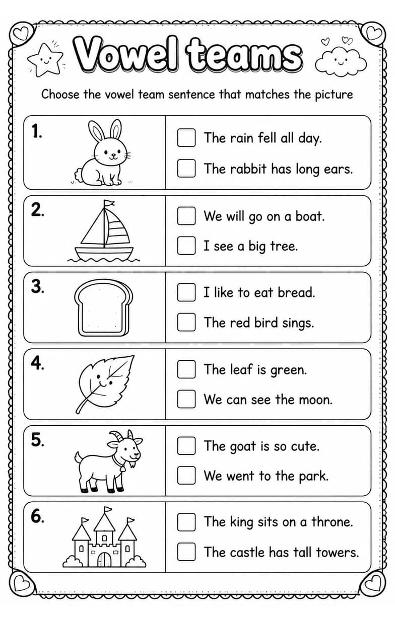 Choose the vowel team sentence that matches the picture — free printable Reading foundations English worksheet