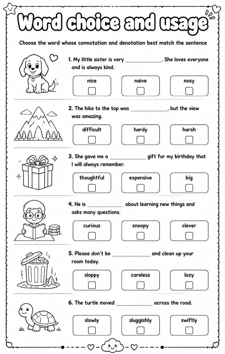 Choose the word whose connotation and denotation best match the sentence — free printable Vocabulary English worksheet