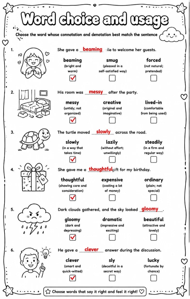 Answer key for Choose the word whose connotation and denotation best match the sentence — free printable English & Reading worksheet