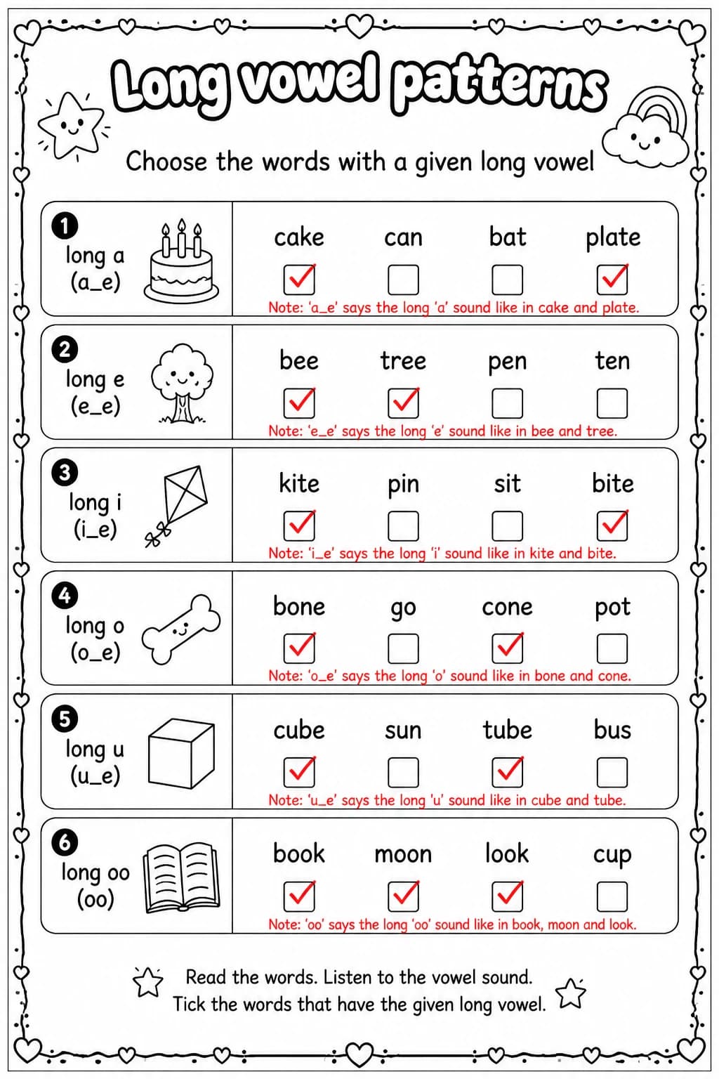 Answer key for Choose the words with a given long vowel — free printable English & Reading worksheet