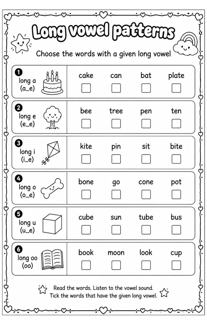 Choose the words with a given long vowel — free printable Grade 2 English & Reading worksheet