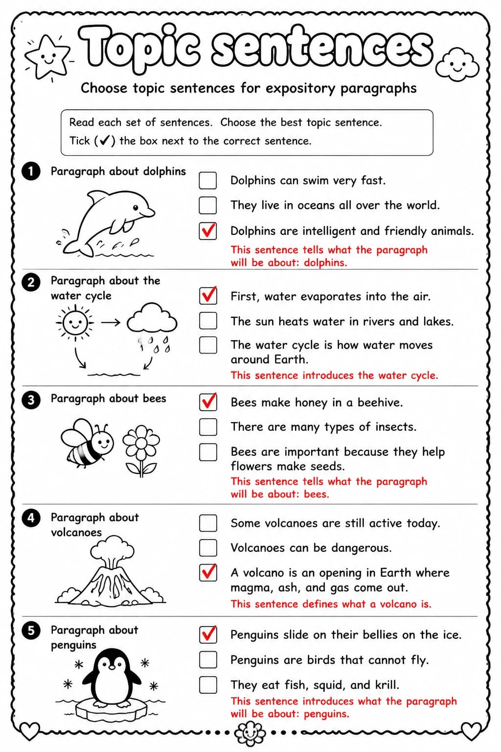 Answer key for Choose topic sentences for expository paragraphs — free printable English & Reading worksheet