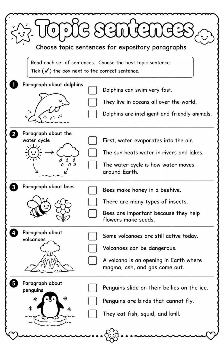 Choose topic sentences for expository paragraphs — free printable Grade 2 English & Reading worksheet