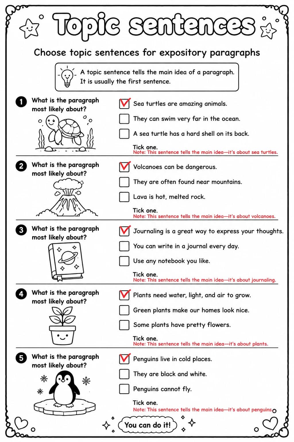 Answer key for Choose topic sentences for expository paragraphs — free printable English & Reading worksheet