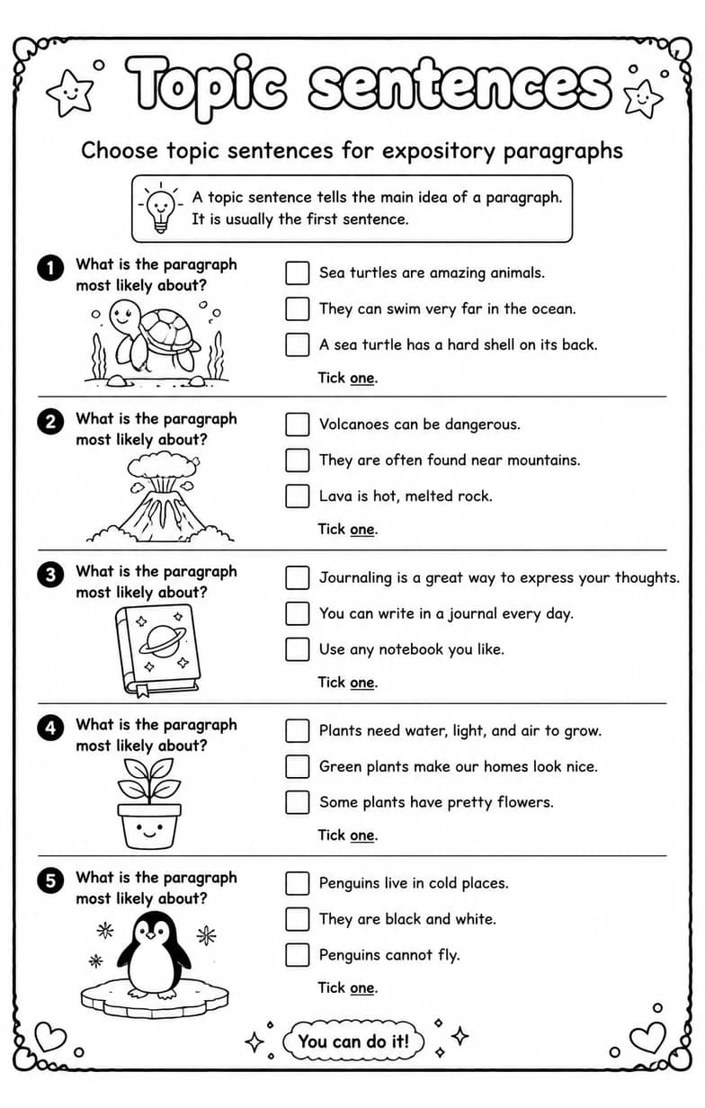 Choose topic sentences for expository paragraphs — free printable Grade 3 English & Reading worksheet