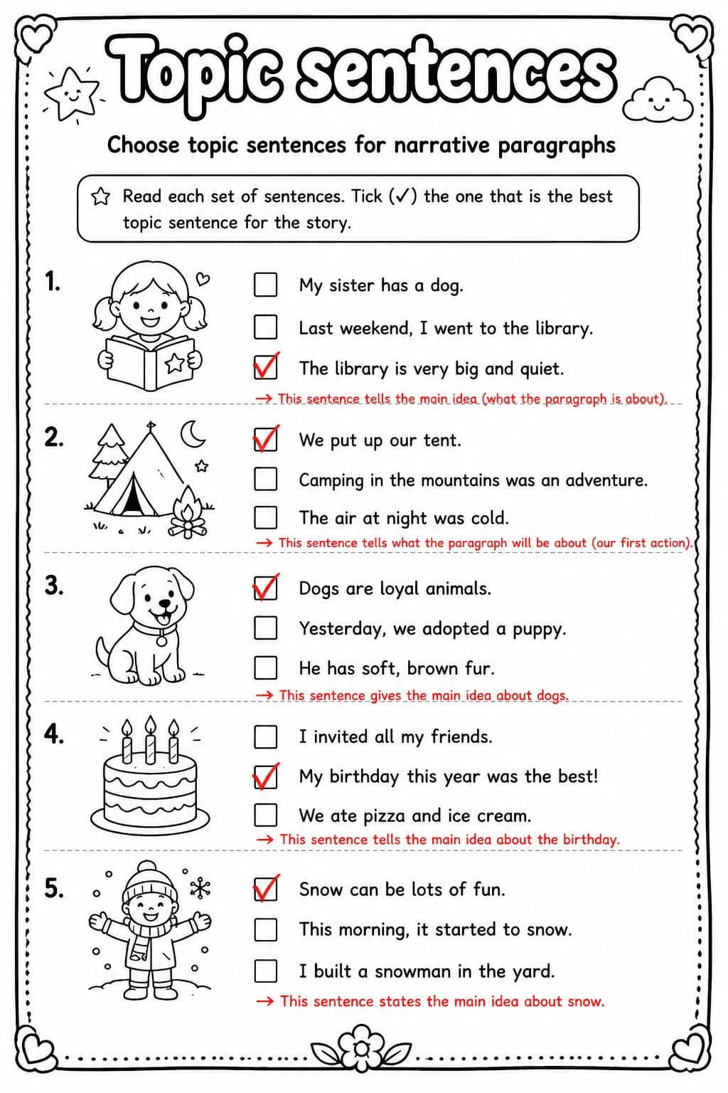 Answer key for Choose topic sentences for narrative paragraphs — free printable English & Reading worksheet