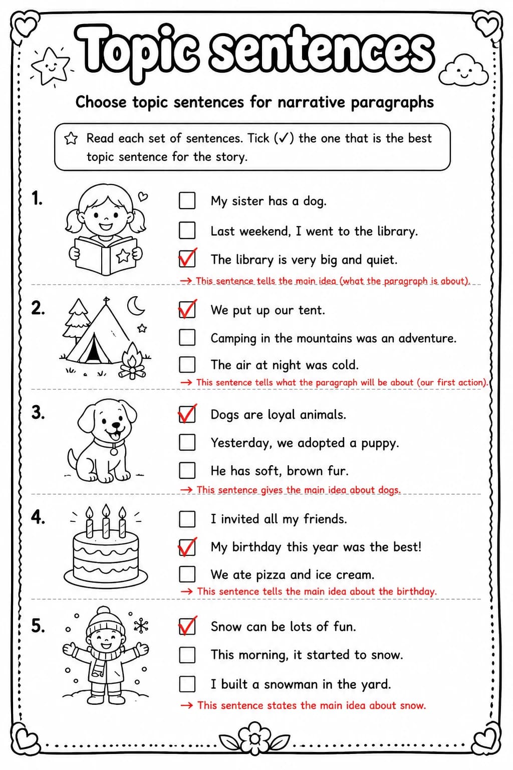 Answer key for Choose topic sentences for narrative paragraphs — free printable English & Reading worksheet