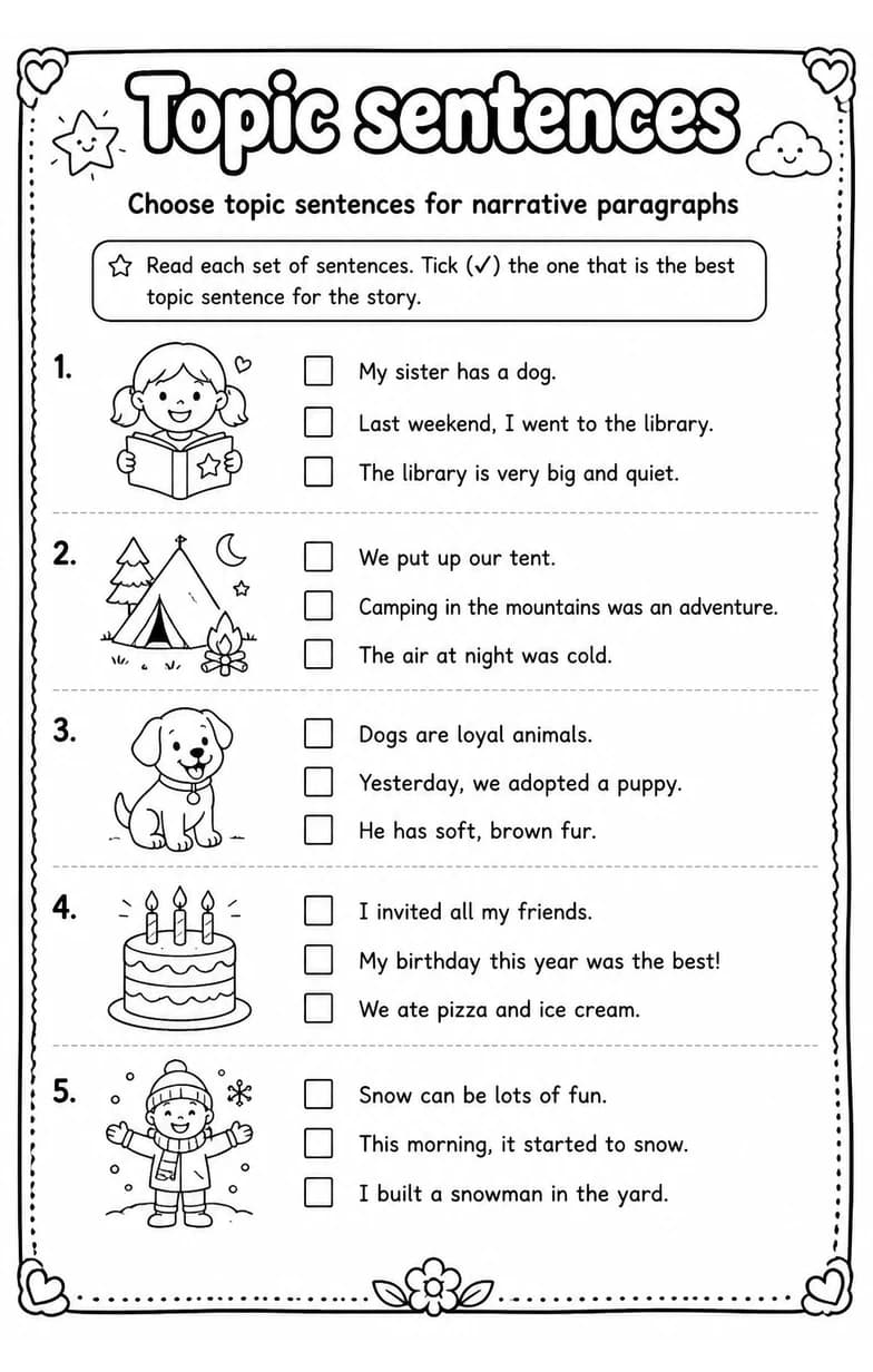 Choose topic sentences for narrative paragraphs — free printable Writing strategies English worksheet