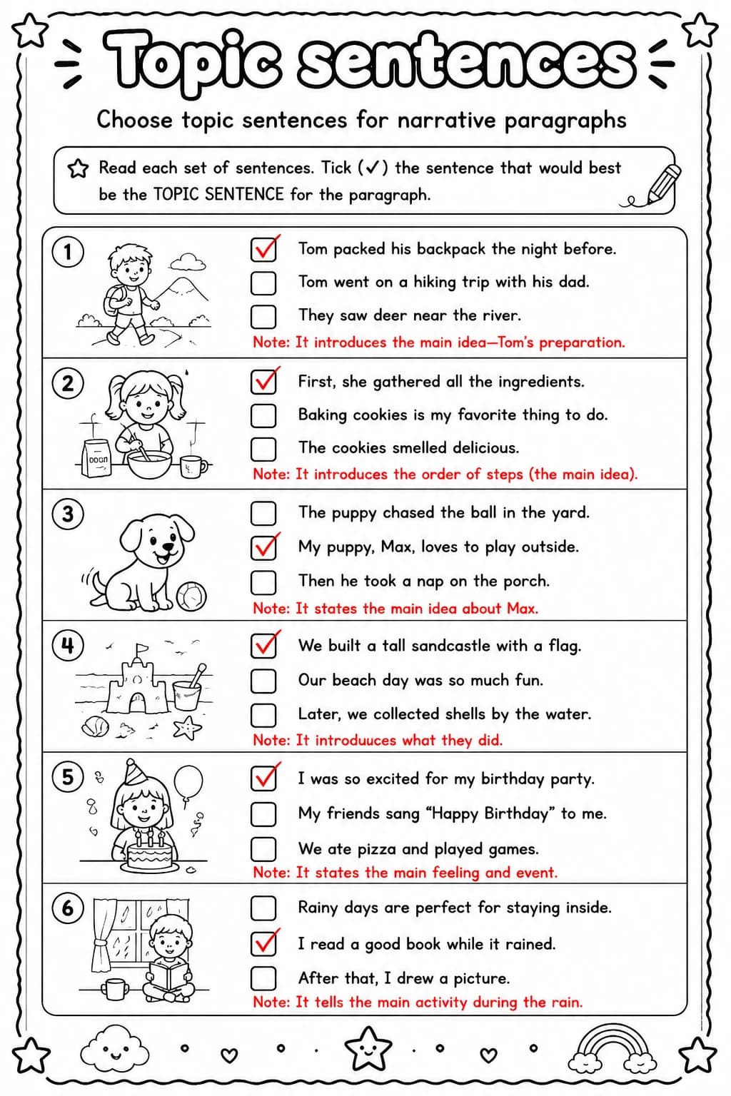 Answer key for Choose topic sentences for narrative paragraphs — free printable English & Reading worksheet