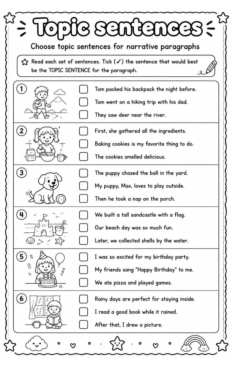 Choose topic sentences for narrative paragraphs — free printable Grade 3 English & Reading worksheet