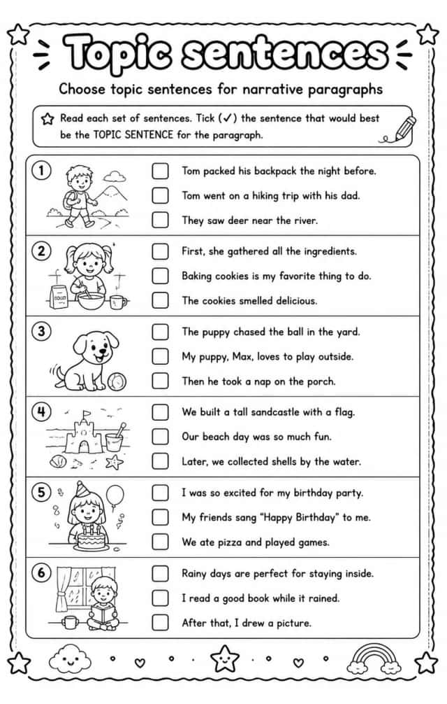 Choose topic sentences for narrative paragraphs