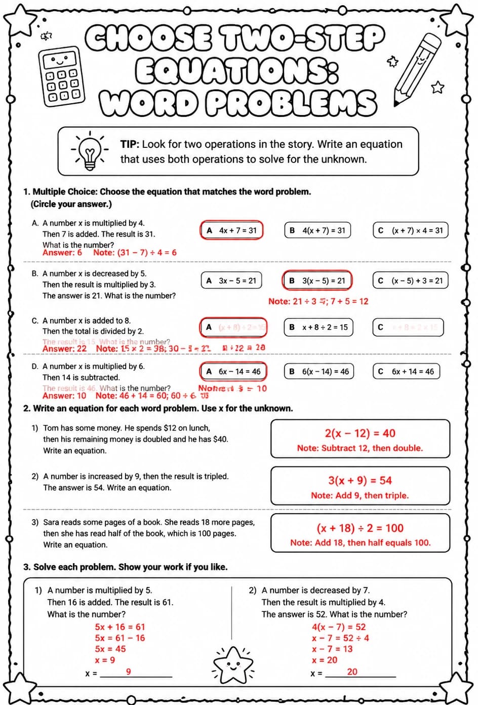 Answer key for Choose two-step equations: word problems — free printable Math worksheet