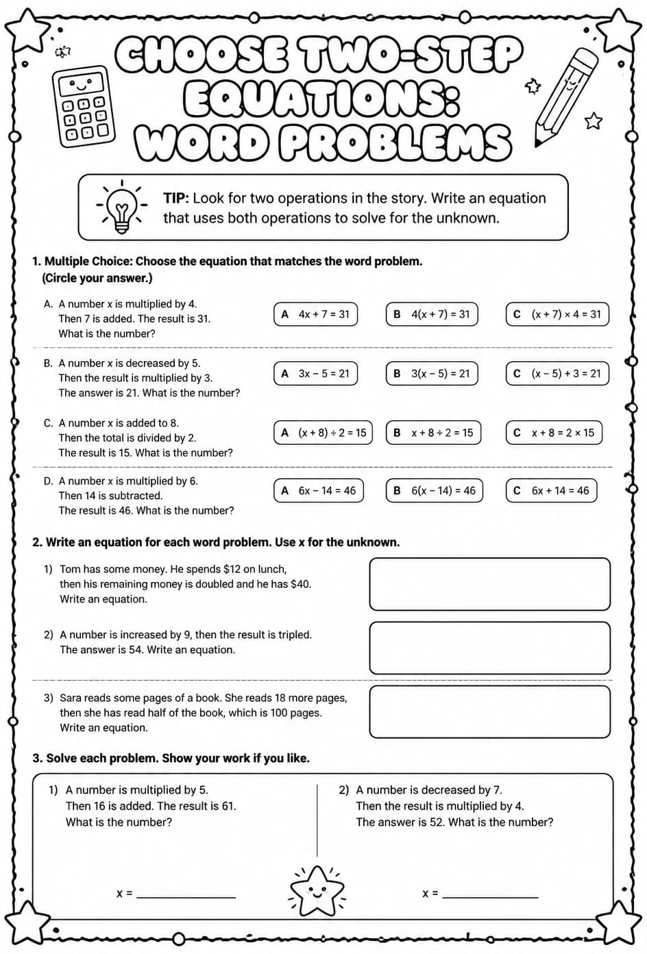 Choose two-step equations: word problems — free printable Grade 7 math worksheet
