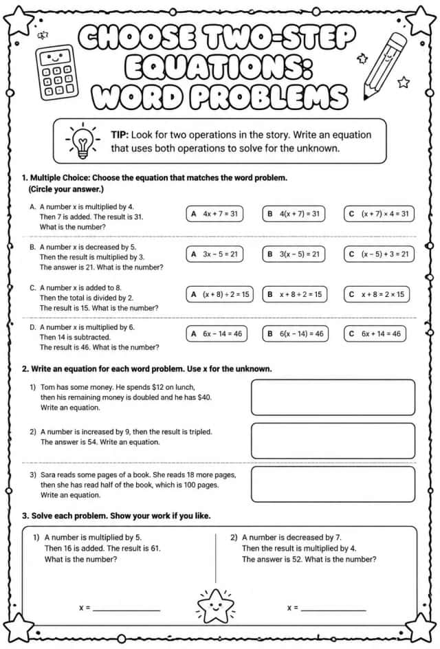 Choose two-step equations: word problems