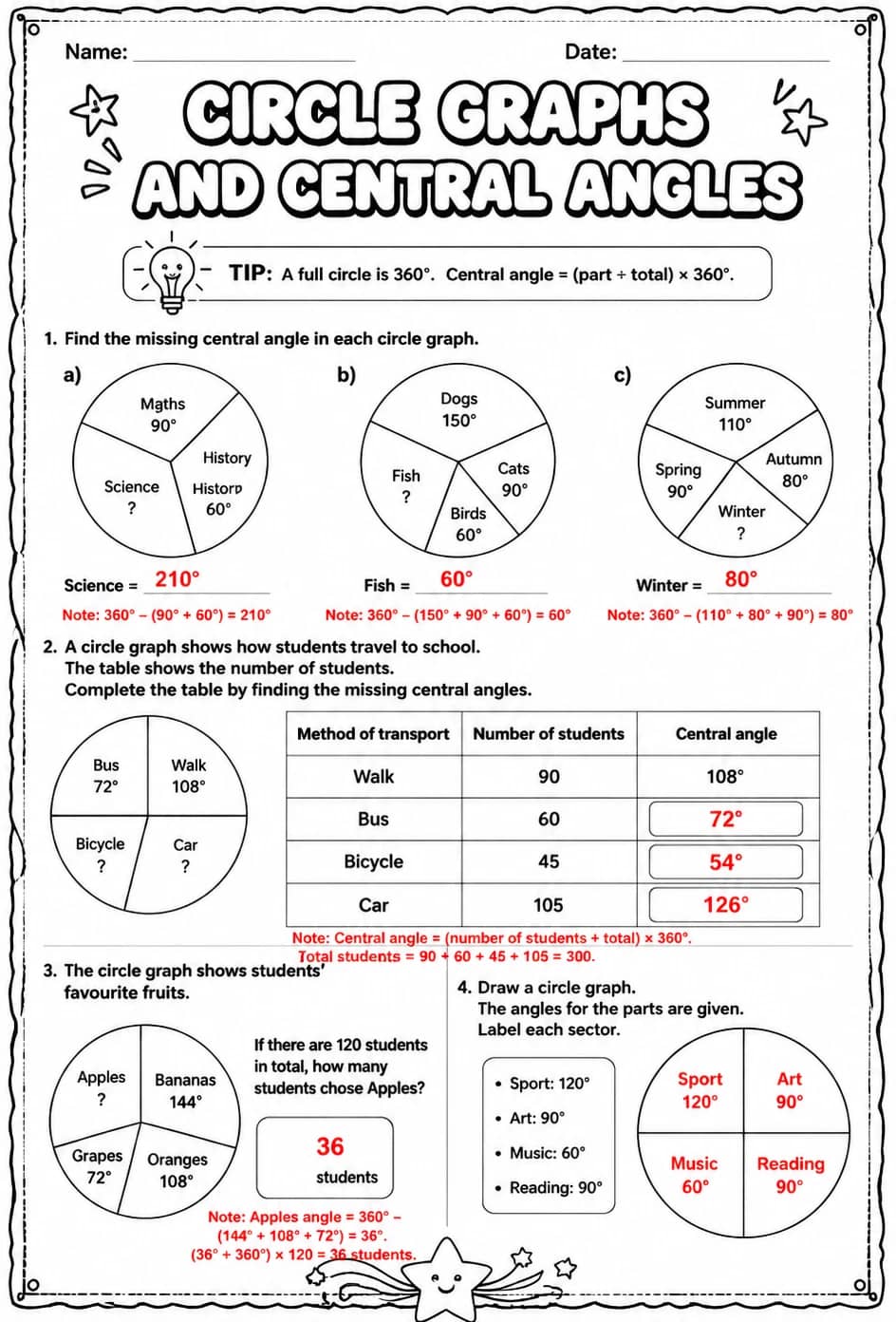 Answer key for Circle graphs and central angles — free printable Math worksheet