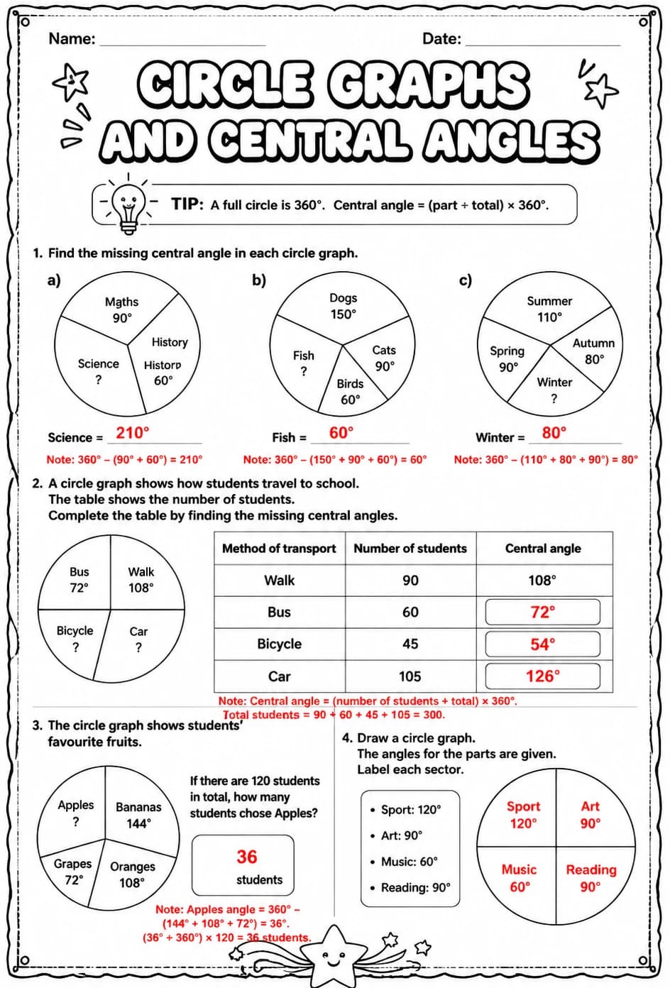 Answer key for Circle graphs and central angles — free printable Math worksheet