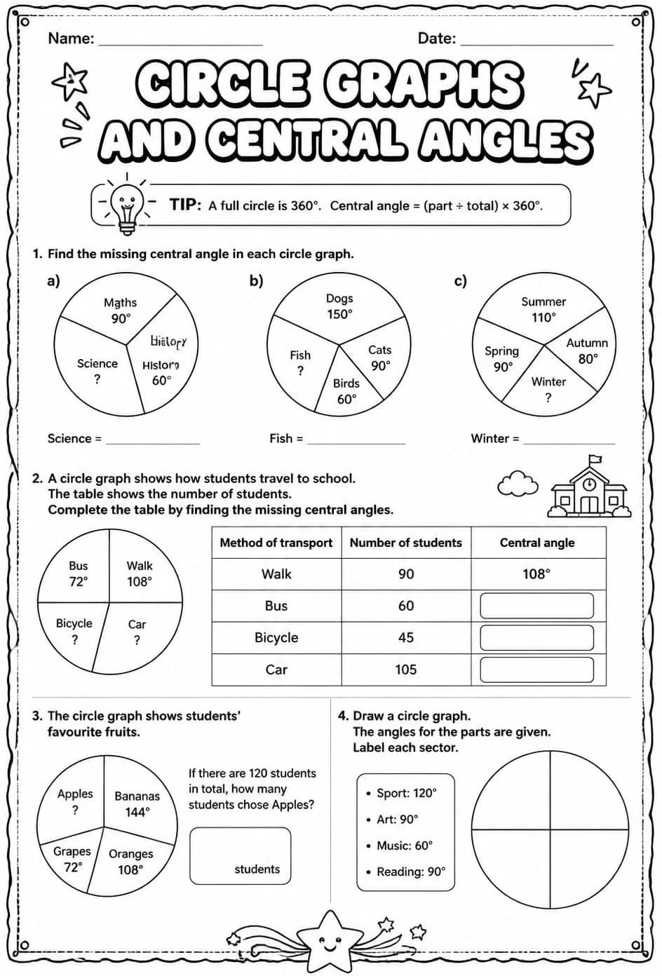 Circle graphs and central angles — free printable Grade 7 math worksheet