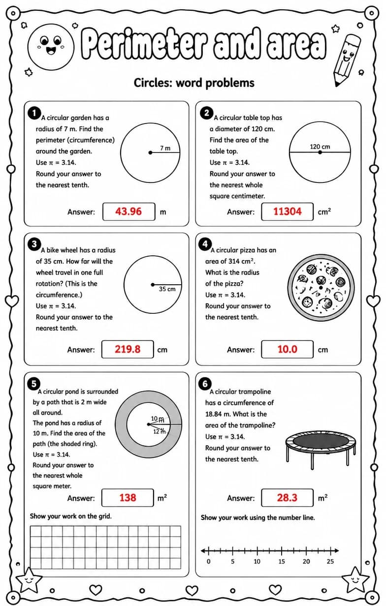 Answer key for Circles: word problems — free printable Math worksheet
