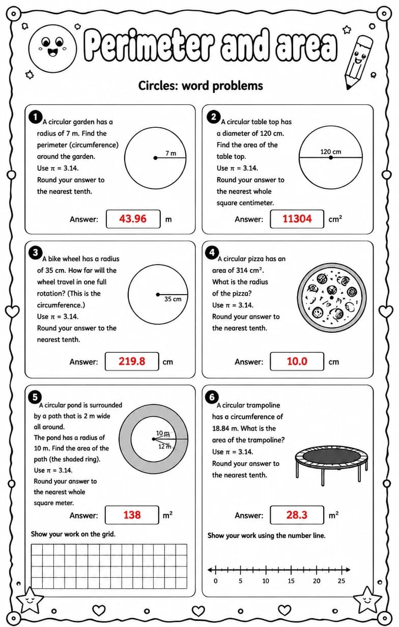 Answer key for Circles: word problems — free printable Math worksheet