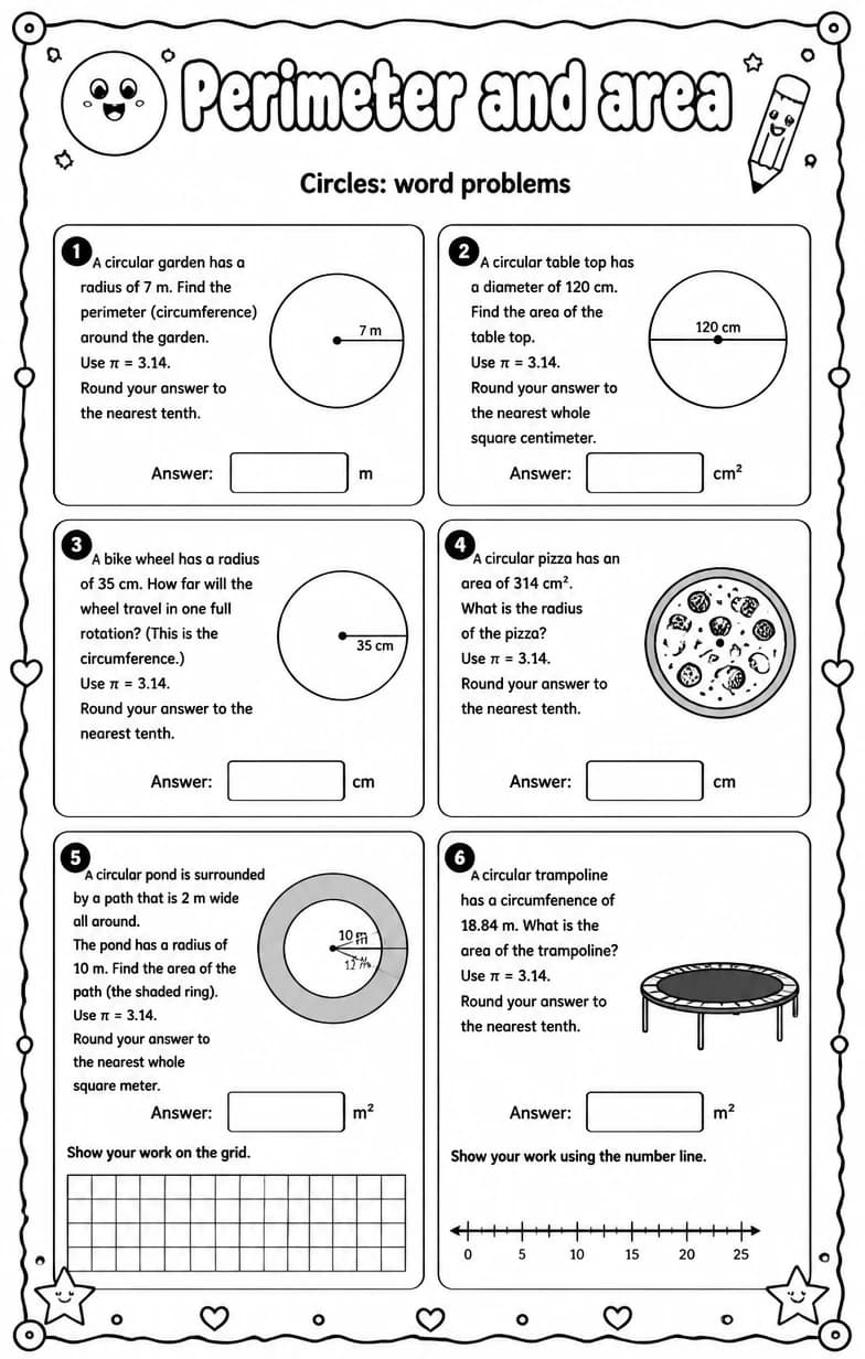 Circles: word problems — free printable Grade 7 math worksheet