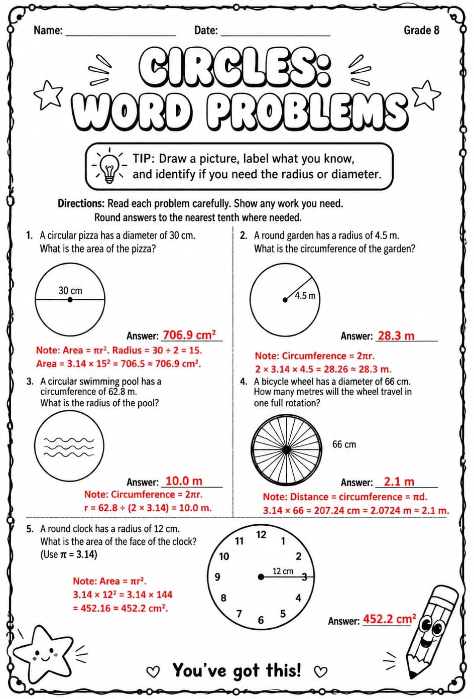 Answer key for Circles: word problems — free printable Math worksheet