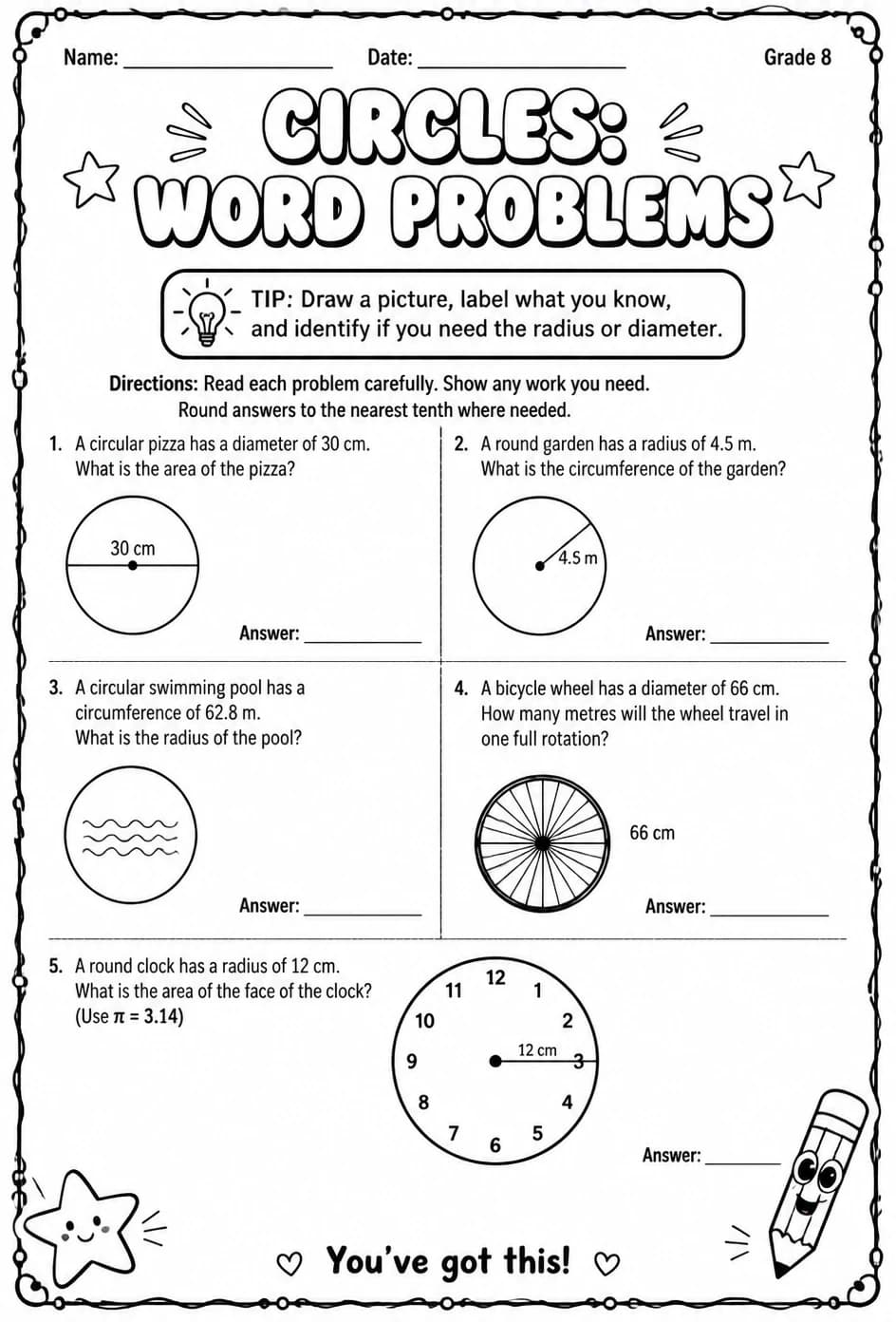 Circles: word problems — free printable Grade 8 math worksheet